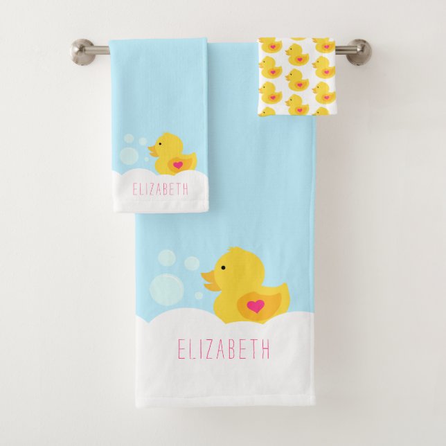 Rubber Ducky With Pink Heart Bath Towel Set (Insitu)