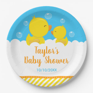 Rubber Ducky Yellow and Blue Baby Shower Paper Plate