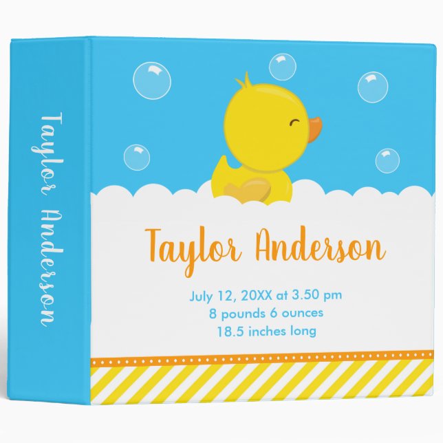 Rubber Ducky Yellow and Blue Birth Statistics Binder (Front/Spine)
