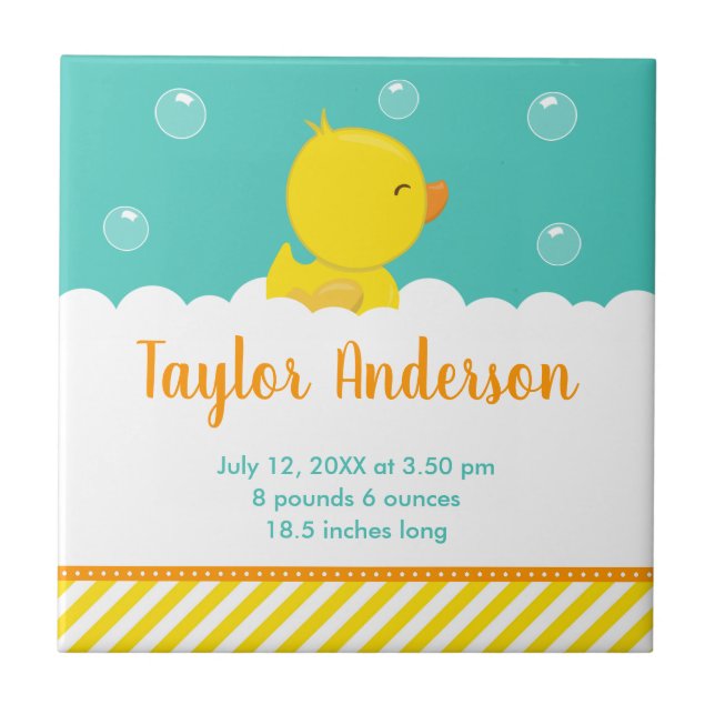 Rubber Ducky Yellow and Green Birth Statistics Tile (Front)