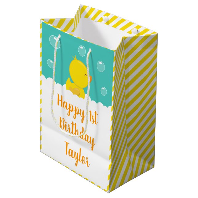 Rubber Ducky Yellow and Green Happy Birthday Medium Gift Bag (Front Angled)