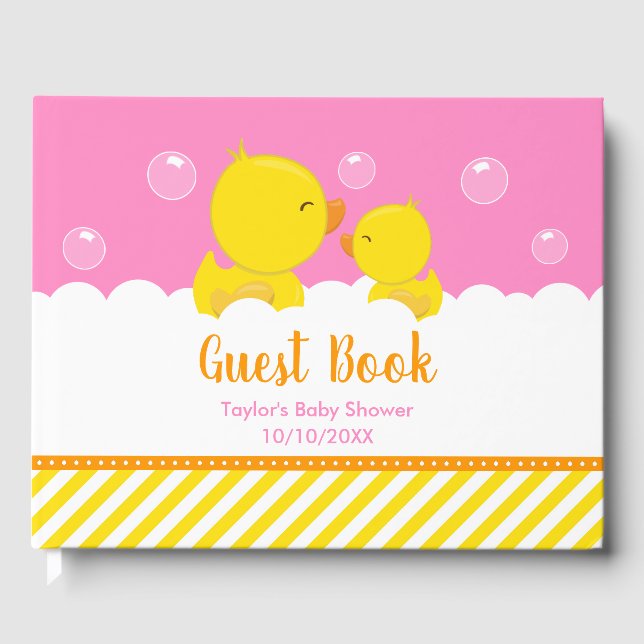 Rubber Ducky Yellow and Pink Baby Shower Guest Book (Front)