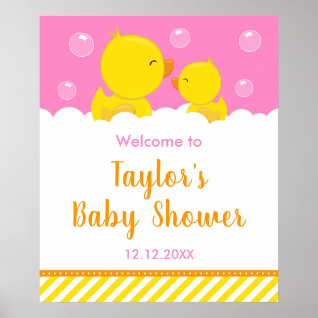 Rubber Ducky Yellow and Pink Baby Shower Welcome Poster (Front)