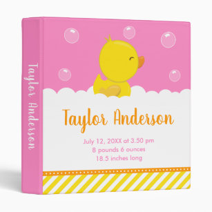 Rubber Ducky Yellow and Pink Birth Statistics Binder