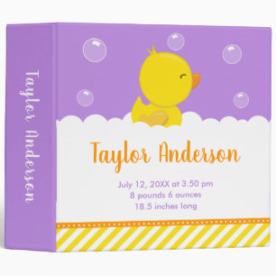 Rubber Ducky Yellow and Purple Birth Statistics Binder