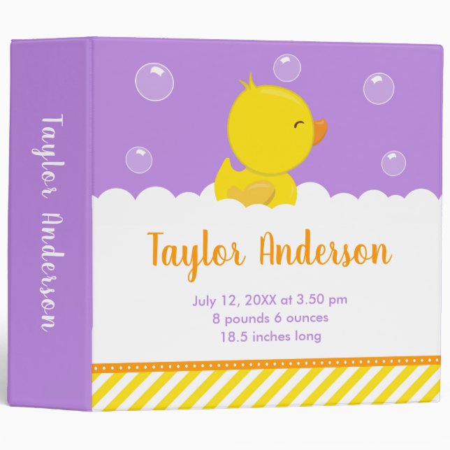 Rubber Ducky Yellow and Purple Birth Statistics Binder (Front/Spine)