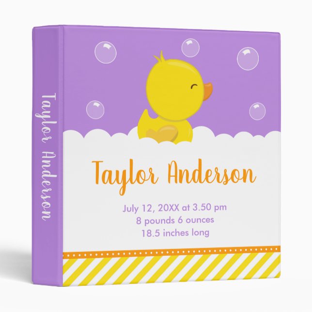 Rubber Ducky Yellow and Purple Birth Statistics Binder (Front/Spine)