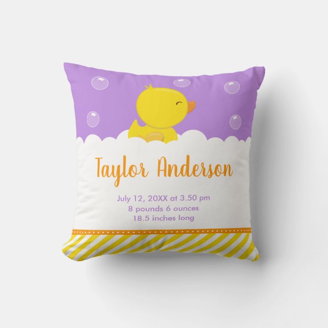 Rubber Ducky Yellow and Purple Birth Statistics Throw Pillow (Front)