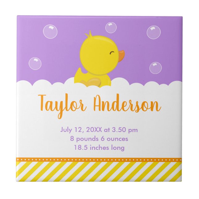 Rubber Ducky Yellow and Purple Birth Statistics Tile (Front)