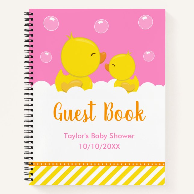 Rubber Ducky Yellow Pink Baby Shower Guest Book (Front)