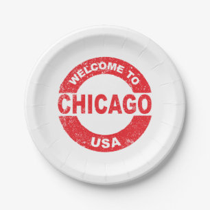 Rubber Ink Stamp Welcome To Chicago USA Paper Plate