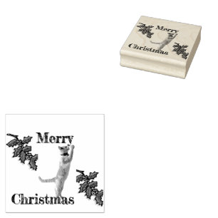 Rubber Stamp - Merry Christmas Holly and Cat