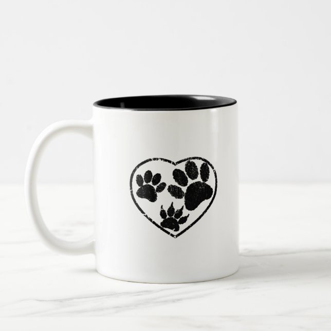 Rubber Stamped Heart And Pet Paw Prints Two-Tone Coffee Mug (Left)