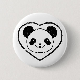 Rubber Stamped Panda Bear And Heart 2 Inch Round Button