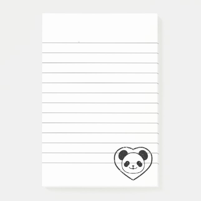 Rubber Stamped Panda Bear And Heart Lined Post-it Notes (Front)