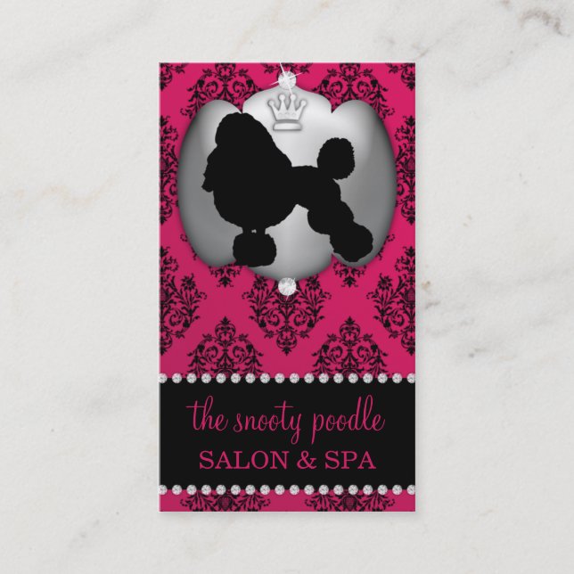 Rubelite Pink Jewelled Damask Dog Grooming/Spa Business Card (Front)