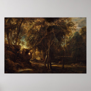 Rubens – Forest at Dawn with Deer Hunt (Met) Poster
