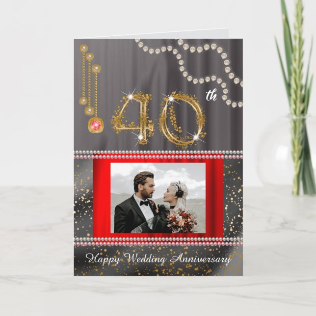 Ruby 40th Anniversary Gold Number & Pearls Card (Front)
