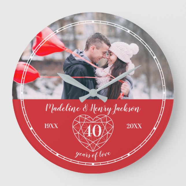 Ruby 40th Wedding Anniversary outline heart custom Large Clock (Front)