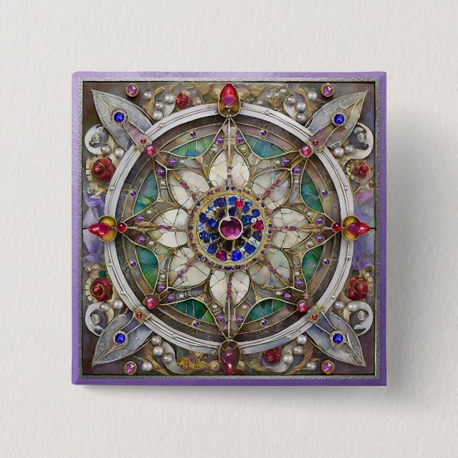 Ruby, Amethyst, Sapphire and, Pearl Mandala 2 Inch Square Button (Front)