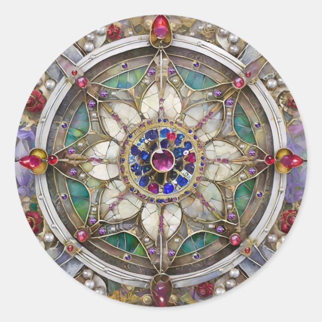 Ruby, Amethyst, Sapphire and, Pearl Mandala Classic Round Sticker (Front)