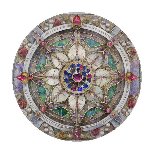 Ruby, Amethyst, Sapphire and, Pearl Mandala Cutting Board (Front)