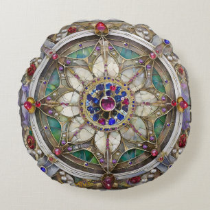 Ruby, Amethyst, Sapphire and, Pearl Mandala Round Pillow