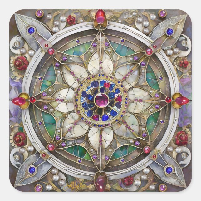 Ruby, Amethyst, Sapphire and, Pearl Mandala Square Sticker (Front)