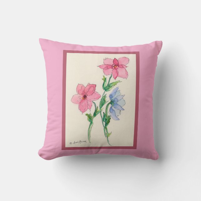 Ruby and Blue Blooms Throw Pillow (Front)