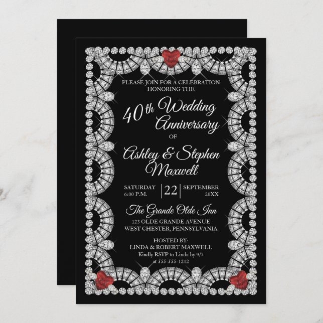 Ruby and Diamond 40th Wedding Anniversary Party Invitation (Front/Back)