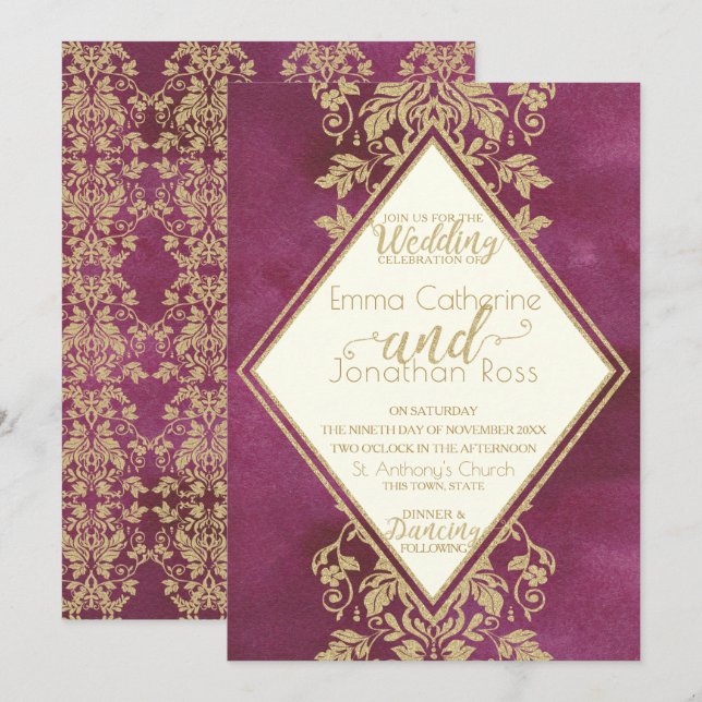 Ruby and Gold Damask Wedding Invitation (Front/Back)