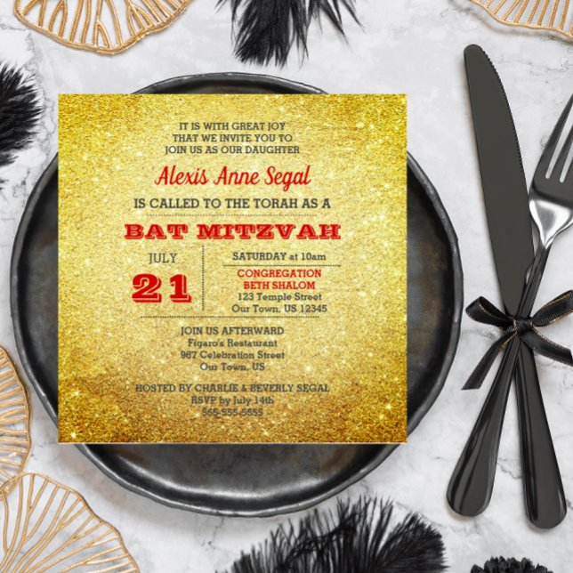 Ruby and Gold Glitter Glam Bat Mitzvah Invitation (Creator Uploaded)