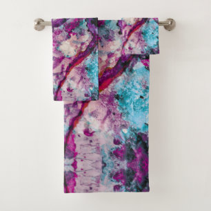 Ruby and Sapphire Crystal Geode Abstract Bath Towel Set