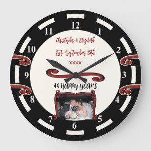 Ruby Anniversary 40 years add names photo black Large Clock