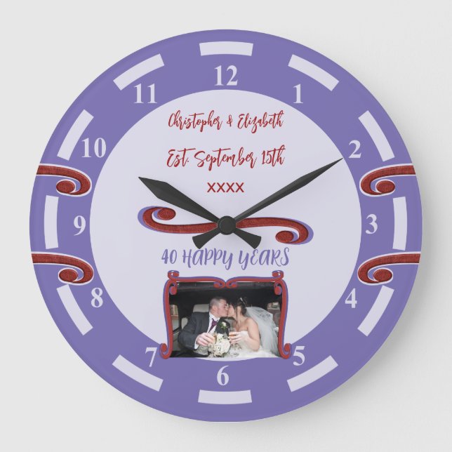 Ruby Anniversary 40 years add names photo purple Large Clock (Front)