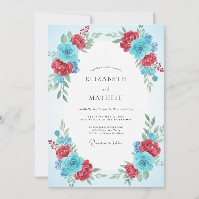 Ruby Azure Ranunculus Eucalyptus Wedding Invitation (Front)