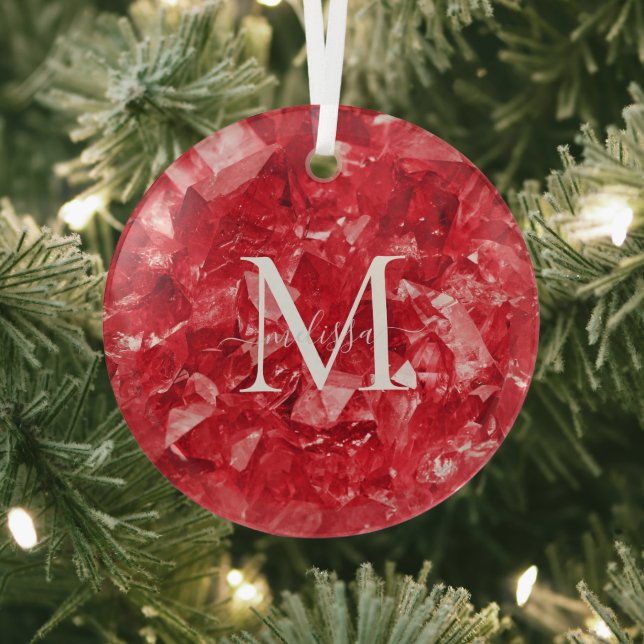 Ruby Birthstone Monogram Personalized Name Glass Ornament (Insitu)