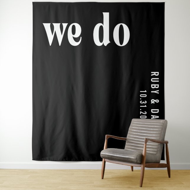Ruby Black Modern Wedding Backdrop Tapestry (In Situ)