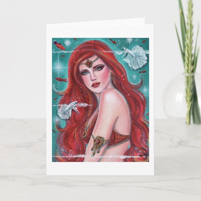 Ruby Carmina mermaid with white bettas fantasy art Card (Front)