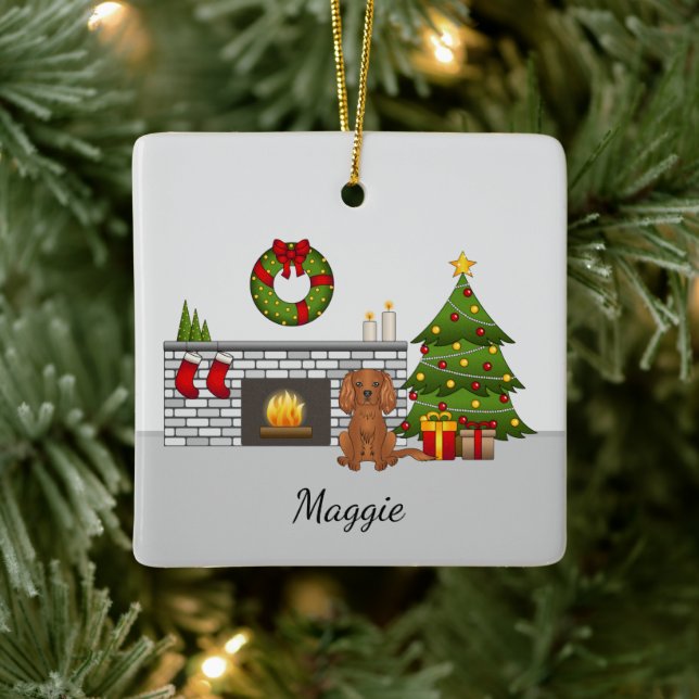 Ruby Cavalier Dog In A Christmas Room & Name Ceramic Ornament (Tree)