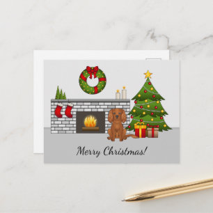 Ruby Cavalier Dog In A Christmas Room & Text Postcard