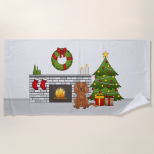 Ruby Cavalier Dog In A Festive Christmas Room Beach Towel