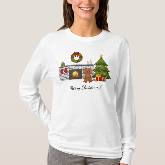 Ruby Cavalier Dog In Festive Christmas Room T-Shirt (Front)