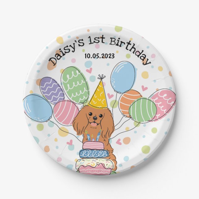 Ruby Cavalier King Charles Spaniel Birthday Paper Plate (Front)