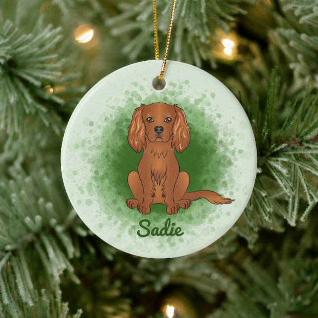 Ruby Cavalier King Charles Spaniel Dog On Green Ceramic Ornament (Tree)