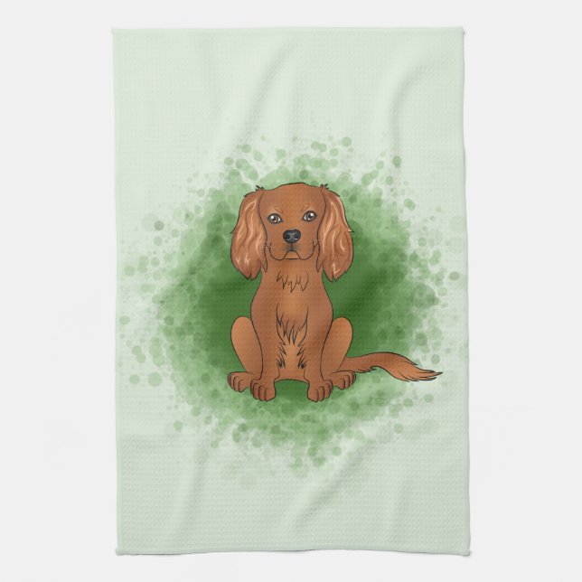 Ruby Cavalier King Charles Spaniel Dog On Green Kitchen Towel (Vertical)