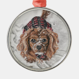 Ruby Cavalier King Charles Spaniel in the snow Metal Ornament