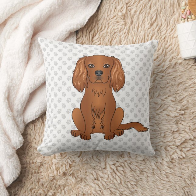 Ruby Cavalier King Charles Spaniel & Paws Throw Pillow (Blanket)