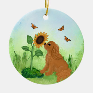 Ruby Cavalier King Charles Spaniel with Sunflower Ceramic Ornament