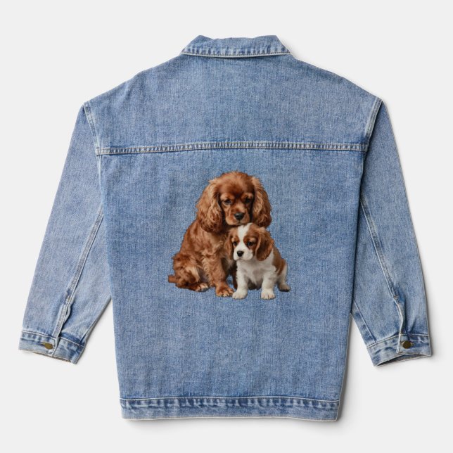Ruby Cavalier Spaniel and her Blenheim puppy Denim Jacket (Back)